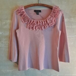 505a. pink vintage Cable & Gauge 3/4 sleeve 2000s y2k sweater with rosettes, S